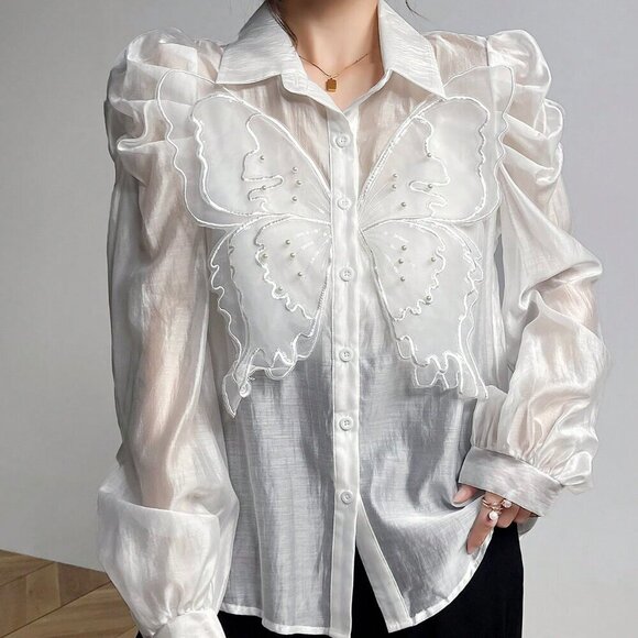 White Elegant Women's 3D Butterfly Decorated Puff Sleeve Blouse - Picture 3 of 8